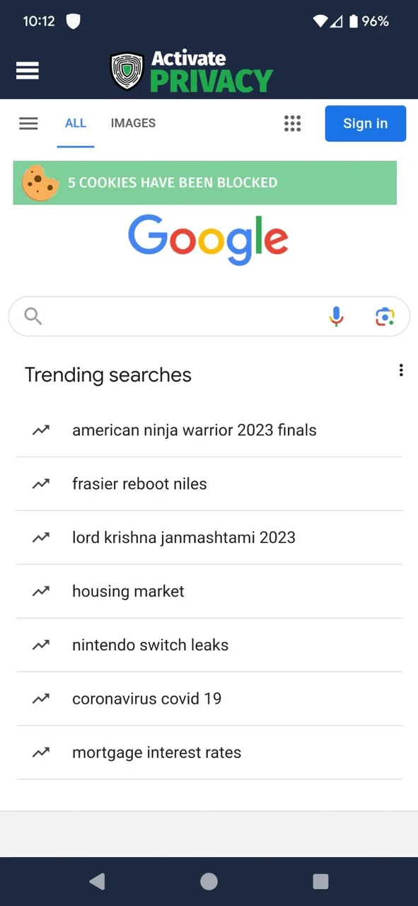 Anti-Tracking Browser showing blocked trackers