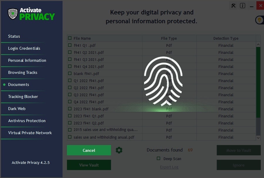 Activate Security document scanner showing found sensitive files ready for encryption
