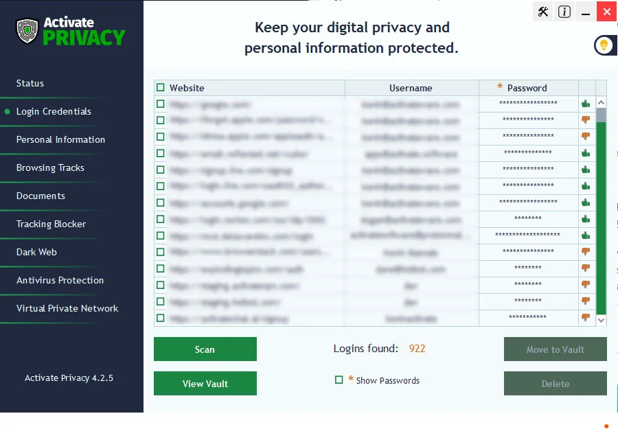 Activate Security Password Vault showing encrypted password storage