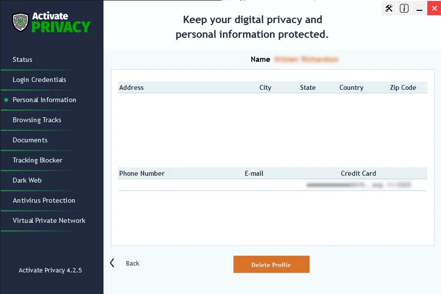 Profile Scanner showing detected personal data profiles