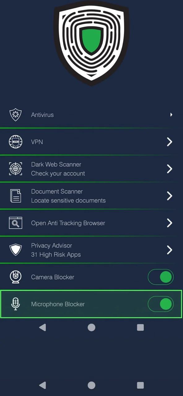 Activate Security dashboard showing camera and microphone blockers enabled with green status indicators