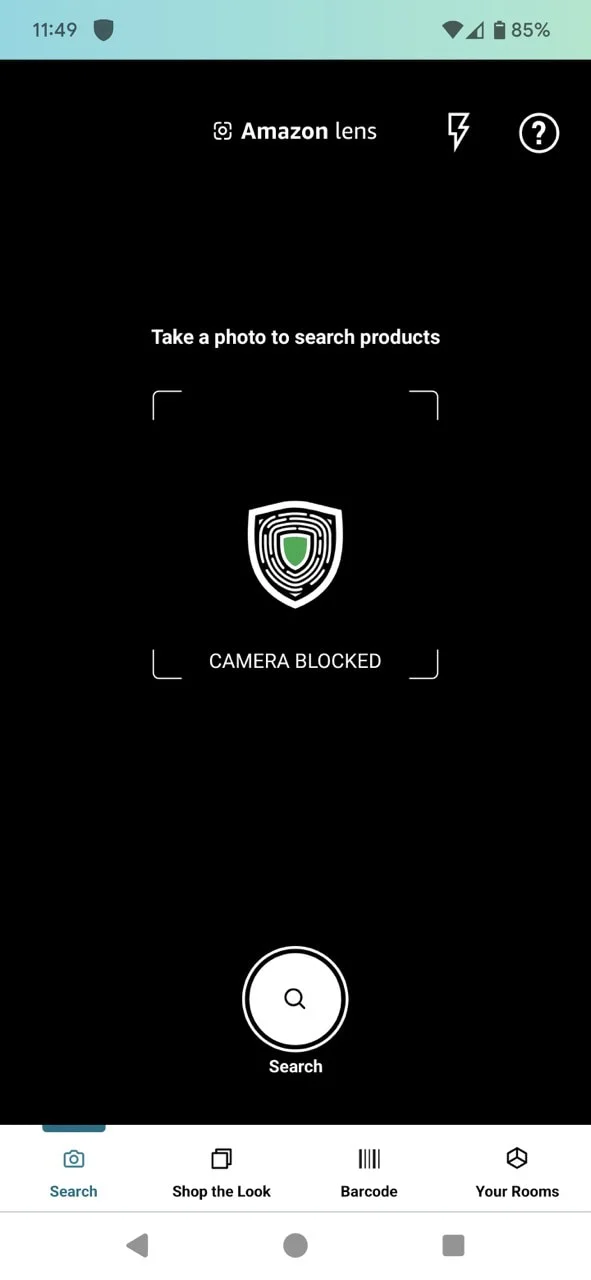 Notification showing camera access blocked when Amazon app attempts to use camera